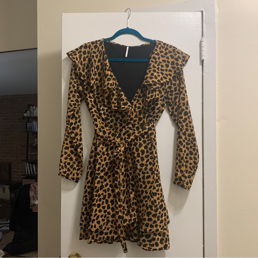 Free People leopard print Frenchie long sleeve wrap dress